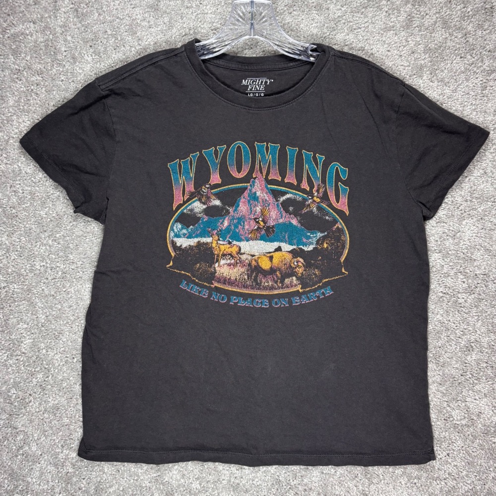 Mighty‎ Fine Wyoming Graphic Tee Black Cotton Short Sleeve Mens Large LG